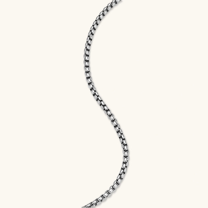 Silver stainless steel ankh pendant with skull motifs on vertical bar and textured ring top, on a box chain necklace.